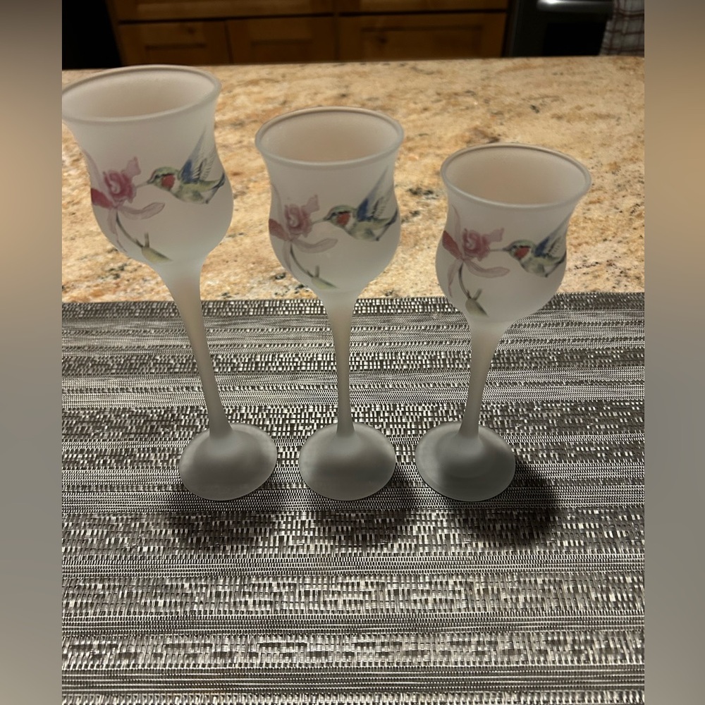 Hummingbird Orchid Frosted Tea Light Candle holders L.E. Smith Glass Co Set of 3